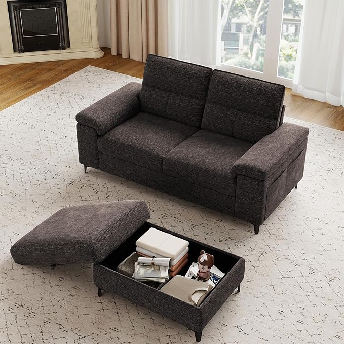 71.25" L Shaped Sectional Couches for Living Room, Deep Seat Sofa with Storage Ottoman & 8”Cushion, Comfy 2-Seater Chenille Loveseat, Convertible Armrest, Removable Cover for Small Space(Dark Gray)