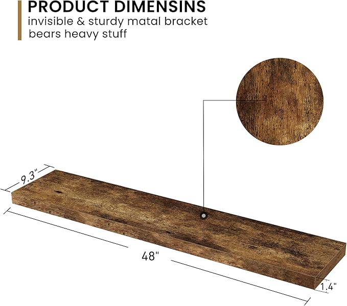 Fun Memories 48Inch Floating Shelves, 9.3Inch Deep Rustic Wall Shelves - Extra Deeper & Thicker Wall Mounted Storage Shelf for Kitchen, Farmhouse - Set of 2 - Rustic Brown