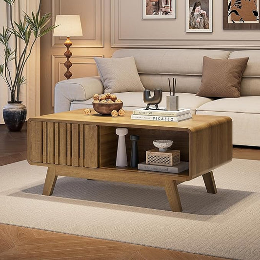 ONBRILL Coffee Table, Mid Century Modern Table with Storage Compartment, Fluted Table with Sliding Cabinet Door, Farmhouse Wood Coffee Table for Living Room (Natural)