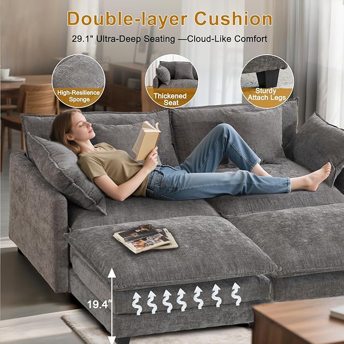 77" Cloud Chenille Sectional Sofa with 2 Ottoman｜Modular Couch with 29.1" Deep Seat｜FSC Solid Wood Frame｜Easy Assembly & 1YR Guarantee｜for Apartment Living Room (Grey, 77 Inch（U）)