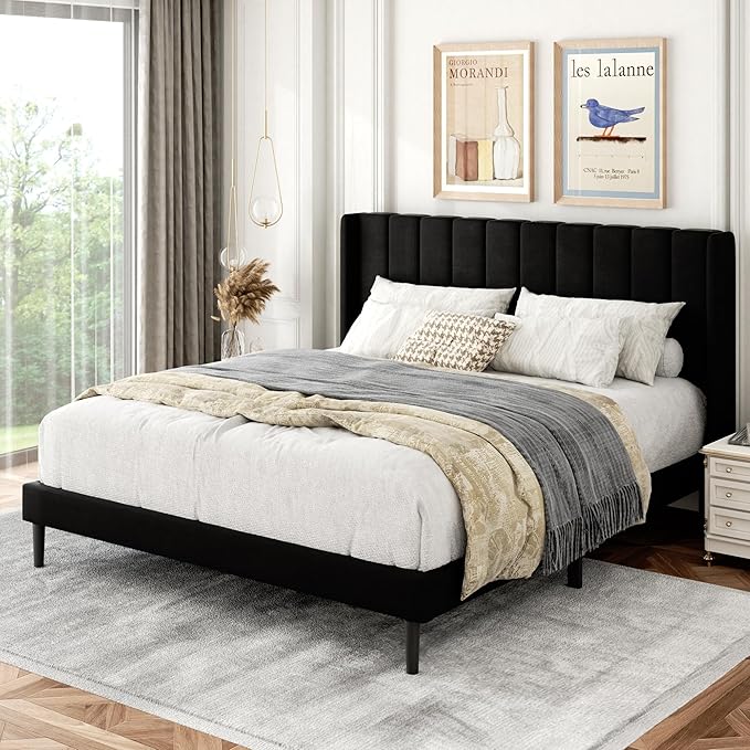 Queen Size Bed Frame with Upholstered Wingback Headboard, Easy Assemnly Platform Bed, Wooden Slat Support No Box Spring Needed, Black Velvet