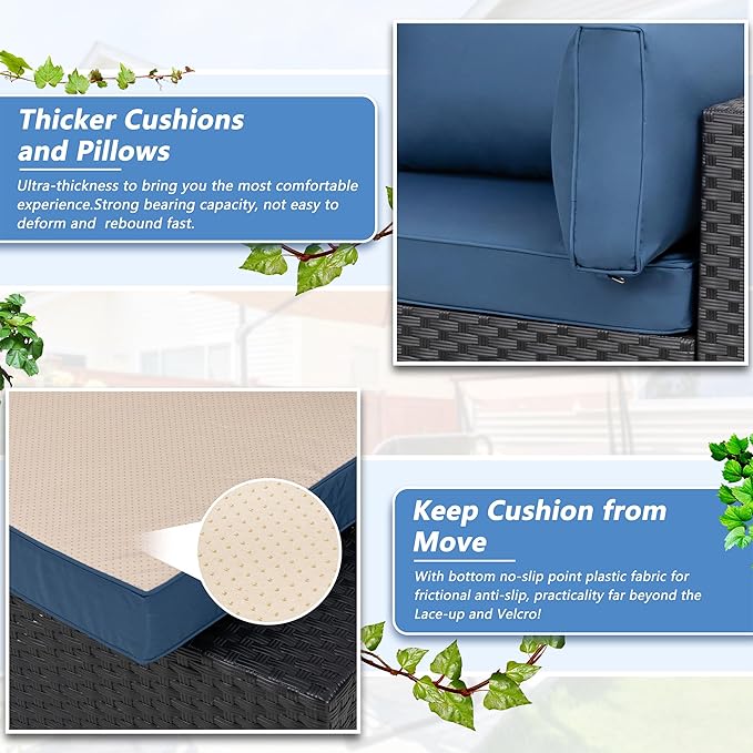 Shintenchi 5 Pieces Outdoor Patio Sectional Sofa Couch, PE Wicker Furniture Sets, Patio Conversation Sets with Washable Cushions Glass Coffee Table for Garden, Poolside, Backyard, Aegean Blue