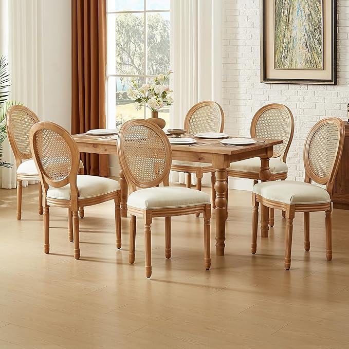 Nrizc Farmhouse Fabric Dining Room Chairs Set of 6, French Chairs with Round Back, Rattan Dining Chair, Oval Side Chair for Dining Room/Kitchen/Restaurant