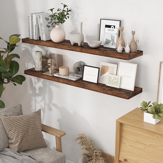 Fun Memories 55 Inch Floating Shelves for Wall, 55x9.3 Large Floating Shelf for Bedroom, Kitchen, Bathroom, Wall Mounted Rustic Wood Shelves with Invisible Bracket for Books, Decor, Rustic Brown