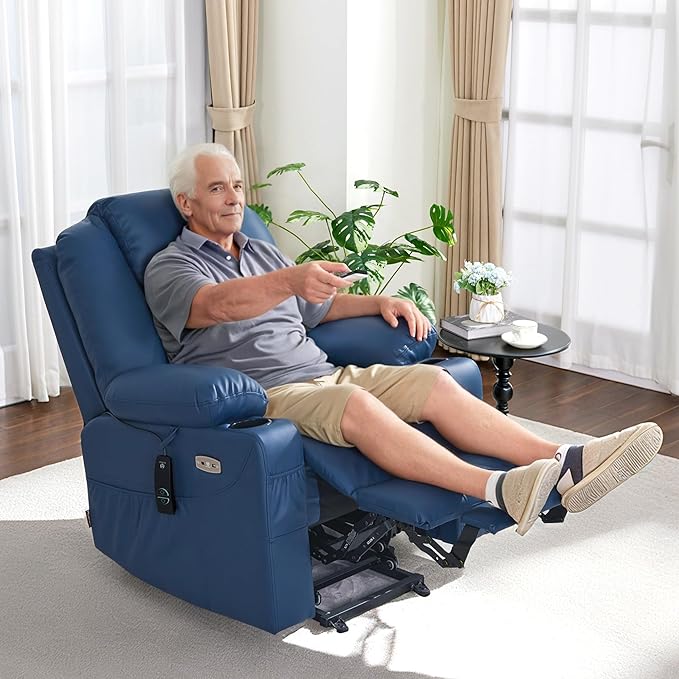 MCombo Electric Power Lift Recliner Chair Sofa with Massage and Heat for Elderly, 3 Positions, 2 Side Pockets, and Cup Holders, USB Ports, Faux Leather 7040 (Blue, Medium)