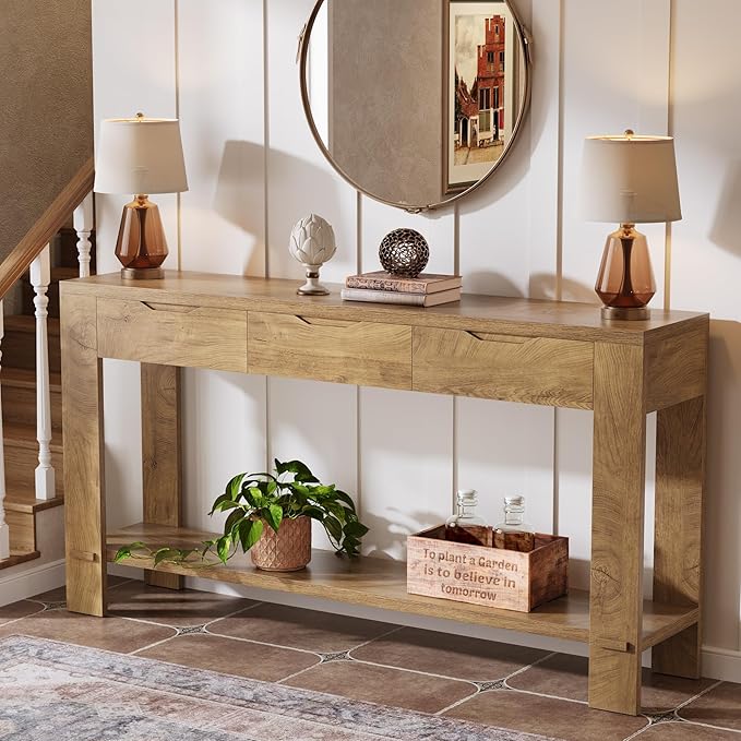 Tribesigns Console Table with 3 Drawers, 67-Inch Long Sofa Table Behind The Couch with Storage Shelf, Narrow Farmhouse Entryway Furniture for Living Room, Hallway, Foyer, Brown