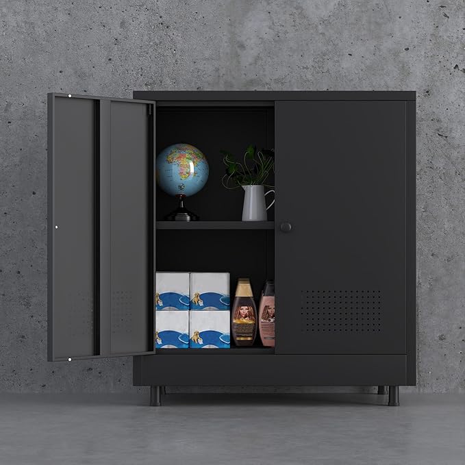 Metal Storage Cabinet with 2 Doors and Adjustable Shelf, Steel Accent Sideboard Buffet Cabinet for Home, Office, Garage, Entryway, Living Room, Kitchen Pantry and Dining Room (Black)