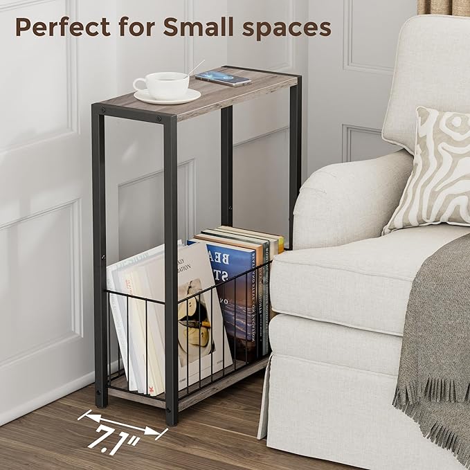 Narrow Side Table with Magazine Holder, Skinny End Table Perfect for Small Spaces, Space-Saving Design for Living Room, Bedroom, or Office, 7.1" D x 16.9" W x 23.6" H, Greige