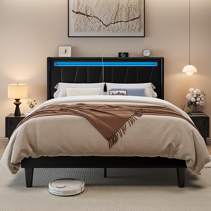 Allewie Full Size LED Bed Frame with Charging Station, Velvet Upholstered Platform Bed with Geometric Wingback Headboard, Modern Frame with No Box Spring Needed, Easy Assembly, Black