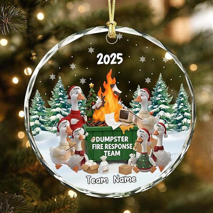 NAZENTI Personalized Funny Goose Fire Response Team Glass Ornament, Custom Flaming Dumpster Holiday Piece, Coworker Christmas Tree Hanging Decoration