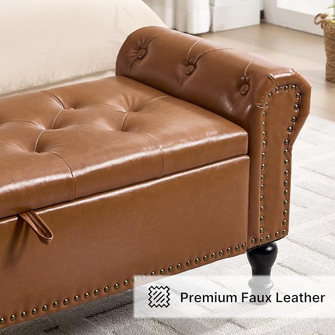 Storage Bench for Bedroom, 51" Upholstered End of Bed Bench, Faux Leather Queen Size Benches with Rolled Arms, Tufted Button Storage Long Ottoman, Living Room, Entryway, Brown