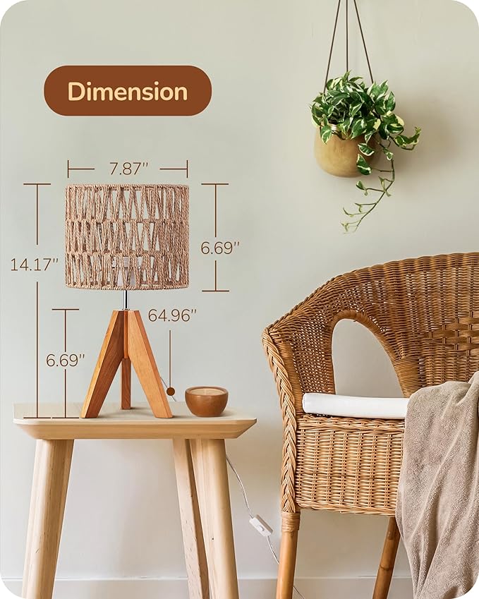 EDISHINE Small Table Lamp, Rattan Wood Tripod Bedside Lamp, Boho Nightstand Lamp for Living Room, End Table, Office, E26 Base, Natural Style