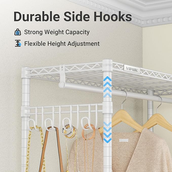 VIPEK R3 Rolling Clothing Rack Heavy Duty Garment Rack for Hanging Clothes, Portable Closet Wardrobe with Wheels and Side Hooks, Adjustable Freestanding Metal Clothes Rack with Shelves, White