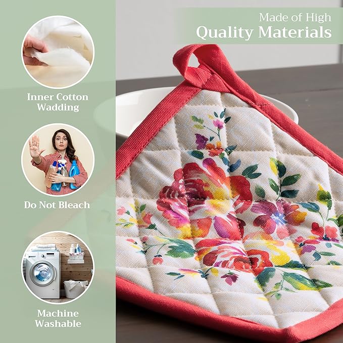 Maison d' Hermine Pot Holders 100% Cotton Heat Resistant Potholders 8" x 8" Hot Pads with Loop BBQ, Cooking, Baking, Grilling, Kitchen, Handling Hot Pans Spring/Summer (Pack of 1, Rose Garden)