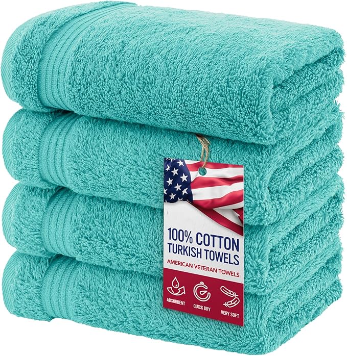 American Veteran Towel, Hand Towels for Bathroom Set of 4, 100% Cotton Turkish Hand Towel Sets, Soft Hand Face Towels, Turquoise Blue Hand Towels