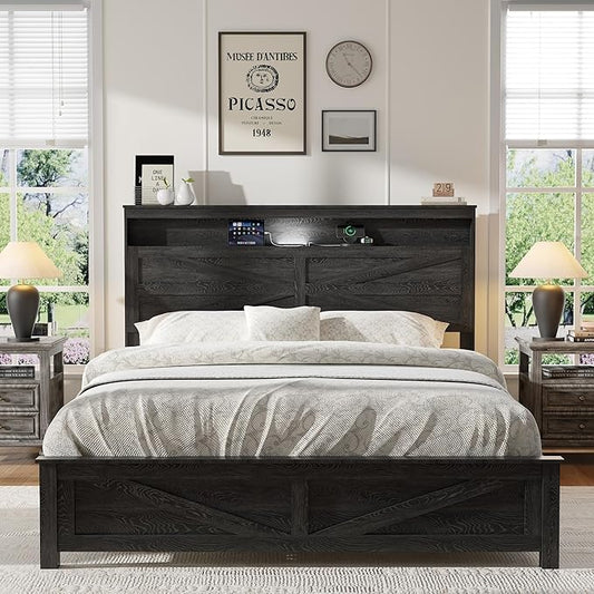 Farmhouse Wooden Bed Frame Queen Size with Storage Headboard, Boho Platform Bedframe with LED Lights and Charging Station, Metal Slats Support, No Box Spring Needed, Black