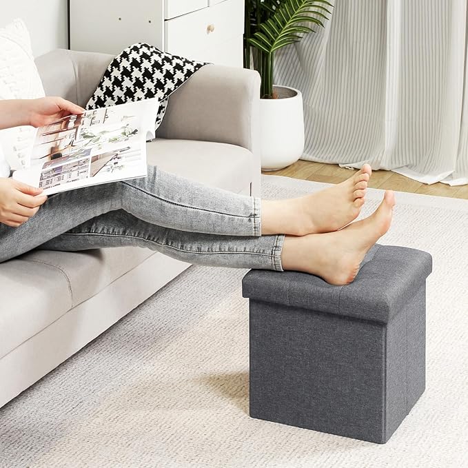 B FSOBEIIALEO Storage Ottoman Cube Foldable Footrest, Chest & Seat for Living Room, Nursery, Bedroom 12.6 Inch Cube (Linen Grey)