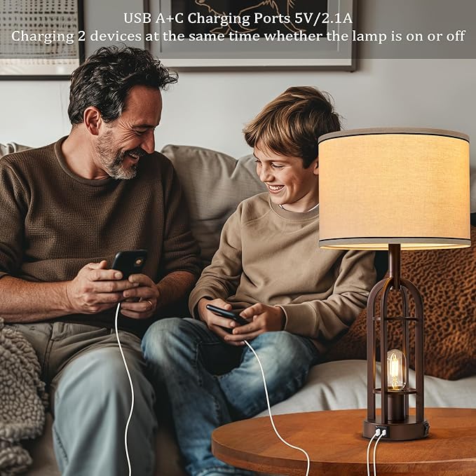 Farmhouse Table Lamps for Living Room Bedroom Set of 2 - Rustic Industrial Bedside Lamps for Night Stands with USB A+C, 24" Vintage Nightstand Lamp with Night Light, Bulbs Included