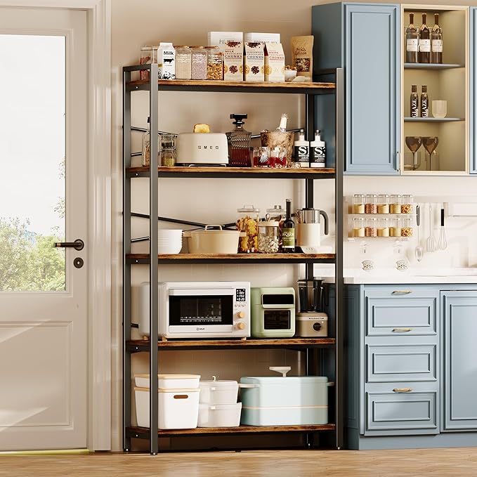 5 Tier Bookshelf 31.49" Width, Tall Book Shelf Storage and Organization, Wooden and Metal Industrial Bookcase, Large Book Shelves for Home Living Room Bedroom Office Storage(Vintage)