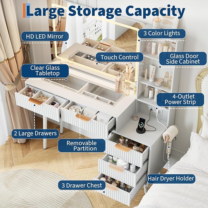 GarveeHome Fluted Makeup Vanity Desk with Lights, 48 in Big Vanity with Glass Top and Large 36" HD Lighted Mirror, Modern Dressing Table with 5 Drawers 3-Tier Shelves Set w/Charging Station (White)