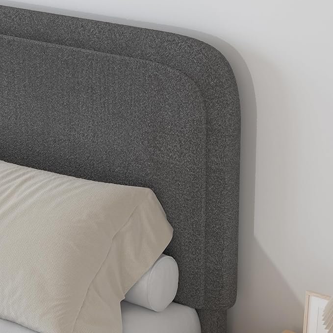 BarnFurin Queen Size Bed Frame, Boucle Upholstered Platform Bed Frame with Headboard, Modern Style, Soft Rounded Corners, No Box Spring Required, Easy Assembly, Dark Grey