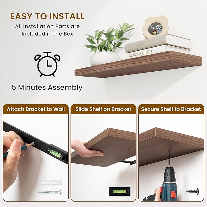 Fun Memories 48 Inch Deep Floating Shelves for Wall, 2 Pack of Long Wall Mounted Wood Shelves with Invisible Brackets for Bathroom, Bedroom, Living Room, Kitchen Decor and Storage, Walnut