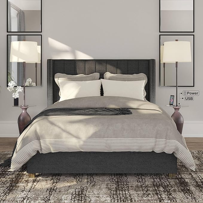 Regency Hill Fallon Industrial Rustic Farmhouse Floor Lamps with Tray Table USB and AC Power Outlet 66" Tall Set of 2 Oil Rubbed Bronze Oatmeal Drum Shade for Living Room Reading Bedroom