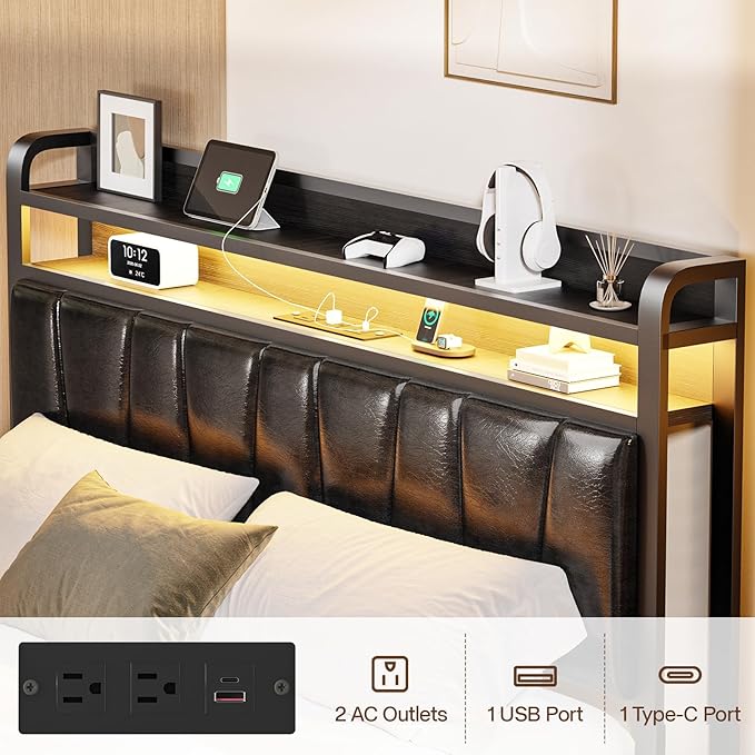 Queen Size Bed Frame with 2-Tier Storage Shelves, LED Bed Frame with PU Leather Headboard, Metal Platform Bed with Charging Station, Noise Free, No Box Spring Needed, Easy Assembly, Black