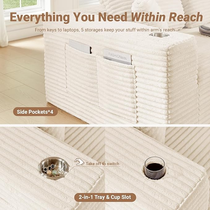 108" Boneless Couch, Cloud Couch Modular Sectional Sofa with Deeper Seat, L-Shaped Sofa with 4 Storage Pockets, Comfy Corduroy Couches for Living Room (Right Facing Chaise, Beige)