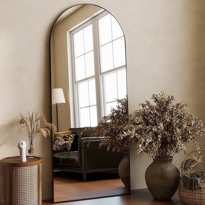 HARRITPURE 64"x21" Arched Full Length Mirror Free Standing Leaning Wall-Mounted Mirror Aluminum Frame Modern Mirrors for Living Room Bedroom Cloakroom, Black