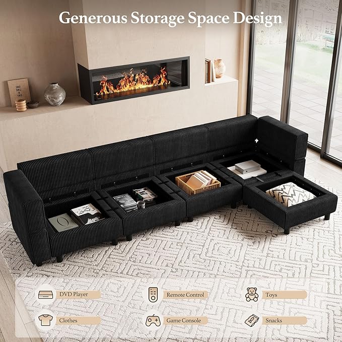 114.2" 5 Seater Modular Sofa with Deep Storage Seat,Corduroy Convertible L Shaped Sectional Couch,Modular Couch with Movable Ottoman Chaise,Upholstered Sectional Couches for Living Room,Black