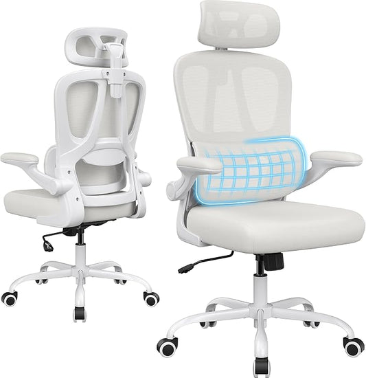 Farini Ergonomic Office Chair, Desk Chair with Headrest and Lumbar Support, High Back Swivel Home Office Chair with Headrest for Home Office Bedroom, Gifts, White & Beige