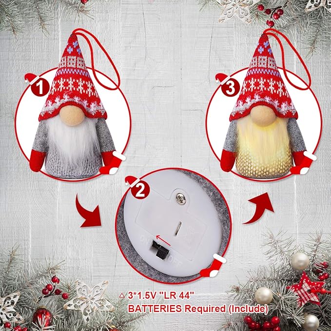 Christmas Gnome Ornaments, 4 Pack Christmas Tree Decorations Handmade Swedish Santa Gnomes Ornaments Lights Scandinavian Plush Elf Table Home Decor, Christmas Tree Hanging Decoration