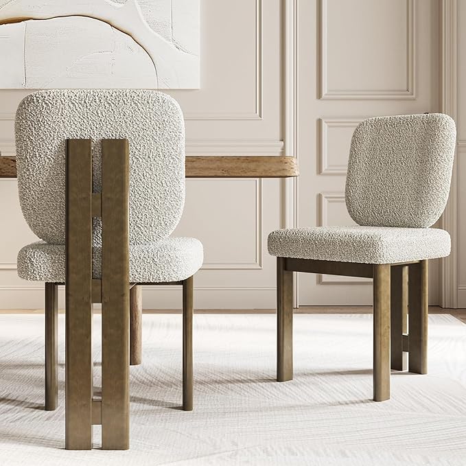 Modern Boucle Dining Chairs Set of 2, Farmhouse Sherpa Upholstered Wooden Kitchen Chairs with Back, Side Armless Dining Room Chairs with Walnut Wood Legs for Kitchen Restaurant, Beige