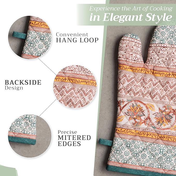 Maison d' Hermine Oven Gloves 100% Cotton Oven Mitt 7" x 13" with Loop Heat Resistant BBQ Cooking Gloves for Thanksgiving Christmas Decorations Baking Handling Hot Pans (Pack of 1, Nila)