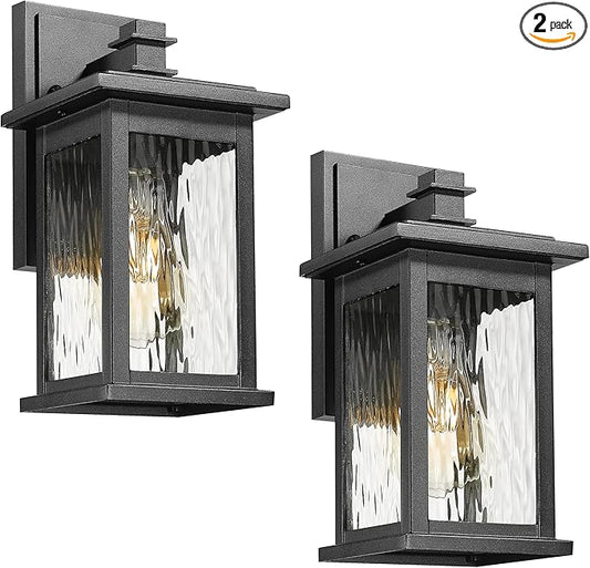 Emliviar 2-Pack Farmhouse Outdoor Wall Lights, 12 Inch Exterior Lights Fixture for House, Black Finish with Water Ripple Glass, 1803EW1-2PK-WP BK