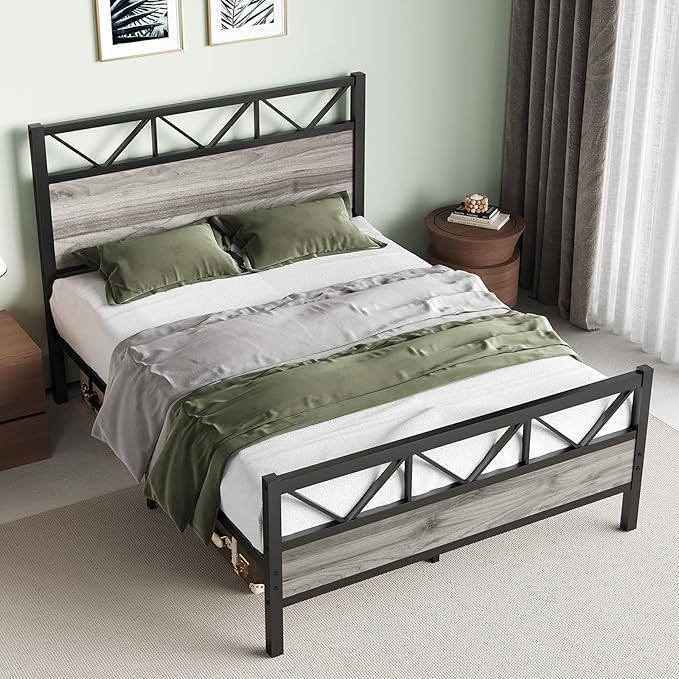 Queen Size Frame with 51.2" Tall Headboard, Platform Bed Frame with Metal Support, Solid and Stable, Noise Free, No Box Spring Needed, Wash Grey