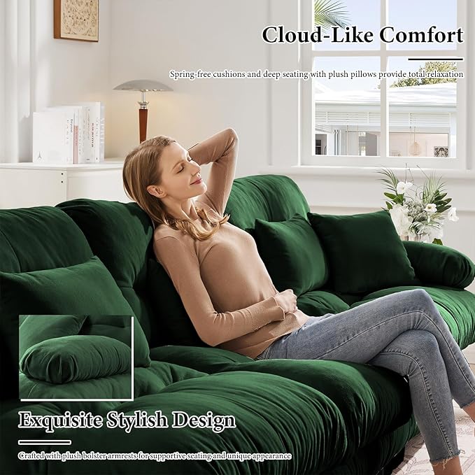 173.2" Oversized Couch, 4 Seater Modular Sectional Sofa, Green Large L Shaped Sectional Couches for Living Room, Fluffy Chenille Fabric Cloud Couch with Ottoman, Deep Seat Sofas