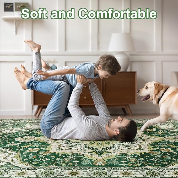 Area Rugs for Living Room 8x10 - Large Machine Washable Vintage Oriental Soft Rugs, Low Pile Thin Floor Carpet with Non Slip Backing for Bedroom, Dorm, Under Dining Room Table, Indoor House, Office