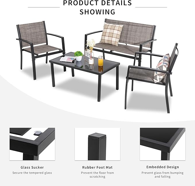 Shintenchi 4 Pieces Patio Furniture Set All Weather Textile Fabric Outdoor Conversation Set, with Glass Coffee Table, Loveseat, 2 Single Chairs for Home, Garden, Lawn, Porch（Tan）