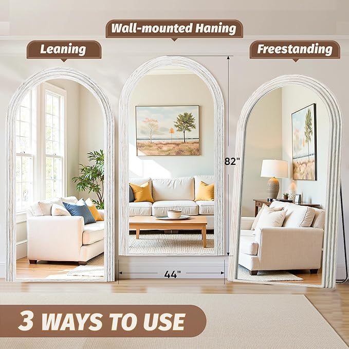 Antok Full Length Mirror 82"×44" Floor Mirror Standing Tall Mirror, Arched Stand up Large Wall Mirrors, Freestanding Full Body Mirrors for Bedroom Living Room Wood Vintage Style White