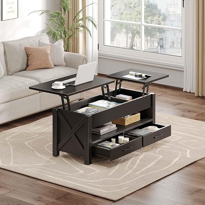 Seventable Coffee Table, 39.3" Lift Top Coffee Table with 2 Storage Drawers and Hidden Compartment, X Wood Farmhouse Support, Retro Center Table with Lift Tabletop for Living Room,Black