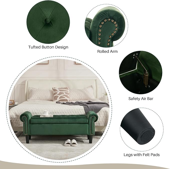 Storage Bench, 50" Queen End of Bed Bench, Velvet Tufted Button Upholstered Bedroom Bench, Storage Ottoman with Rolled Arms, Window Bench with Storage, for Living Room, Entryway Green