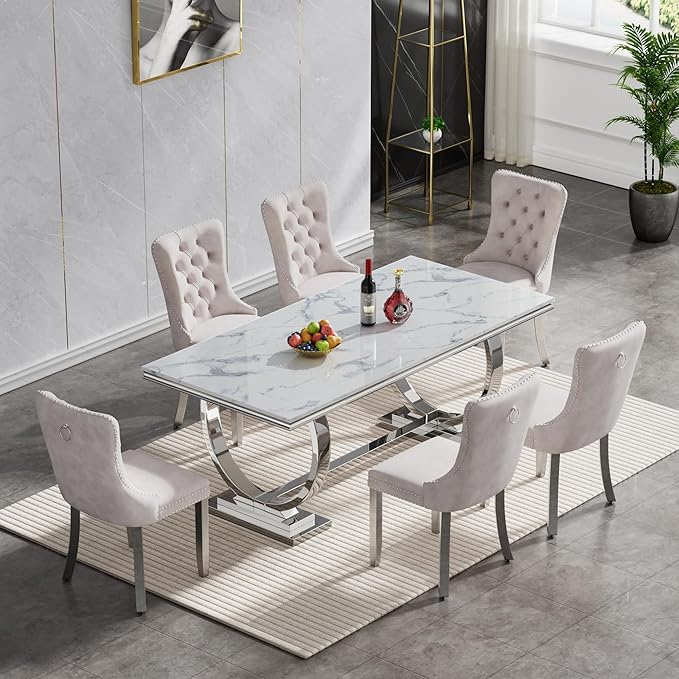Goujxcy 7 Piece Marble Dining Table Set for 6, Luxury 70" White Marble Silver Kitchen Table with 6 Beige Velvet Upholstered Chairs, Modern 6 Person Dining Room Table Set for Kicken Dining Office Room
