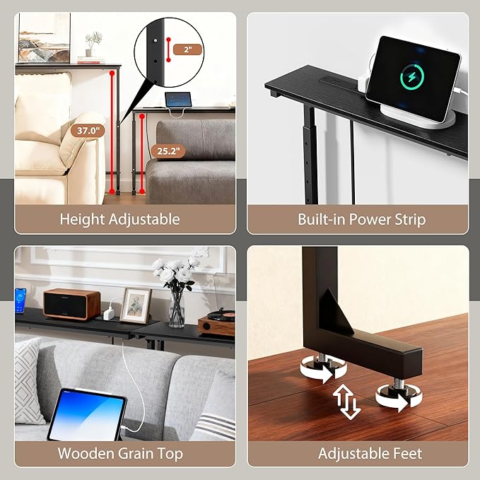 39 inch Narrow Console Table with Outlet,Adjustable Height(25"-37") Behind Sofa Table,Couch Behind Table Skinny,Couch Shelf with Charging Station,Long Entryway Tables for Living Room,Black