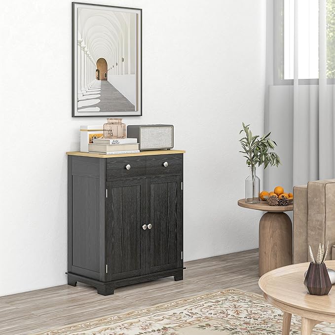 HOMCOM Sideboard with Solid Wood Countertop, Modern Kitchen Storage Cabinet, Coffee Bar Cabinet with 2 Drawers, Doors and Adjustable Shelf, Distressed Black