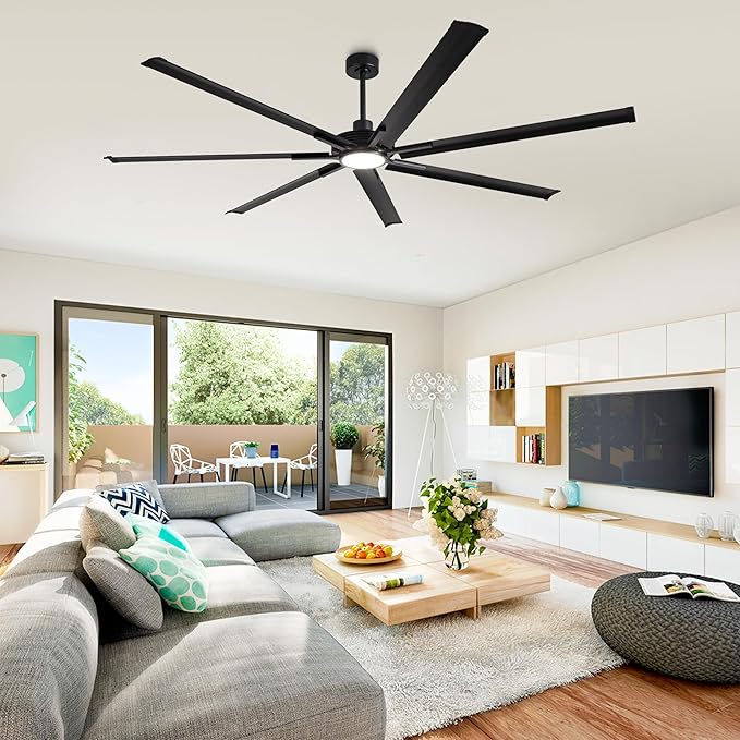 Industrial Ceiling Fans with Lights and Remote, 84 Inch Black Large Ceiling Fan with Dimmable Light, Outdoor Ceiling Fans for Patio, Living Room, Garage, 6-Speed Reversible DC Motor, 7 Aluminum Blades