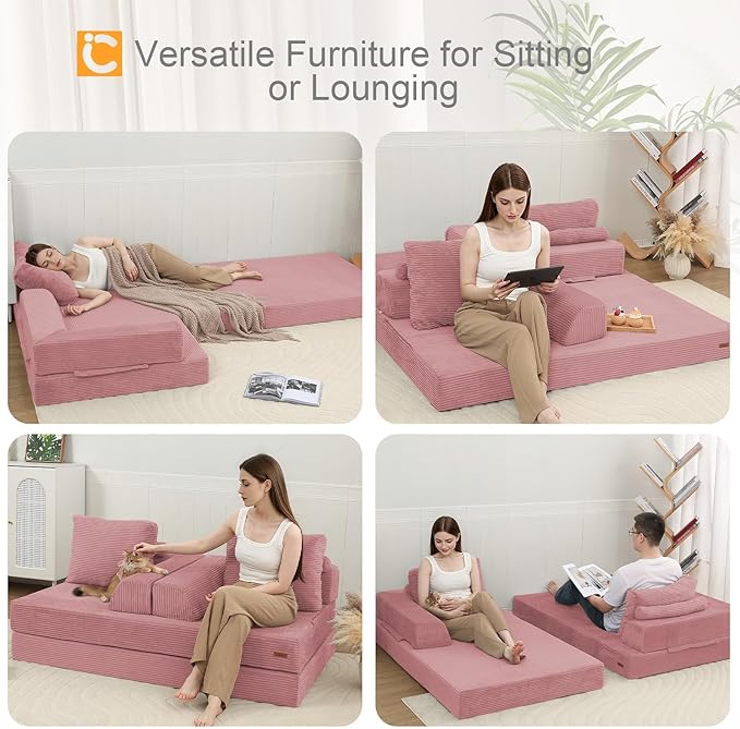 COMAX Convertible Sofa Bed, Folding Floor Couch Corduroy Fold Out Couch Bed Futon Sleeper Mattress with Pillows, Boneless Sofa Comfy Lounge Loveseat for Living Room Bedroom, Pink