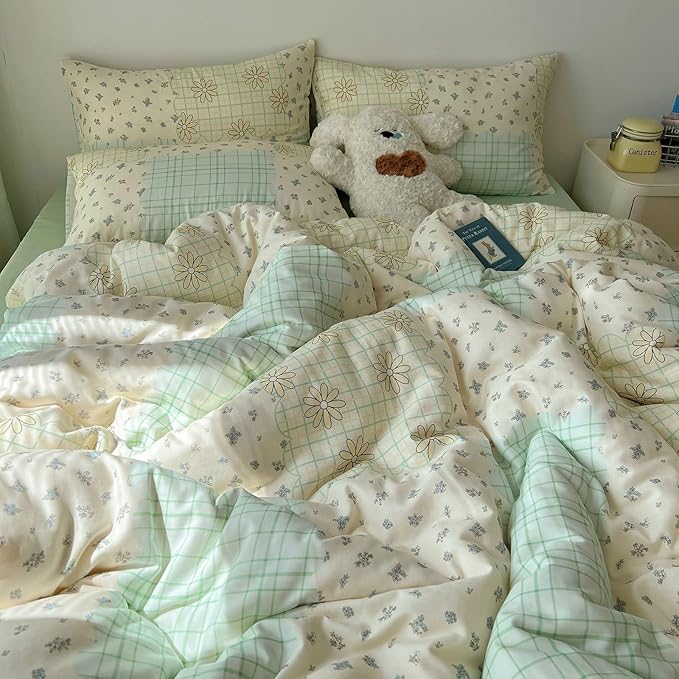 LifeTB Muslin Duvet Cover King Size 100% Cotton Botanical Floral Comforter Cover Aesthetic Flower Chic Plaid Desgin Cottagecore Bedding Set Breathable Soft Gauze Duvet Cover with 2 Pillowcases