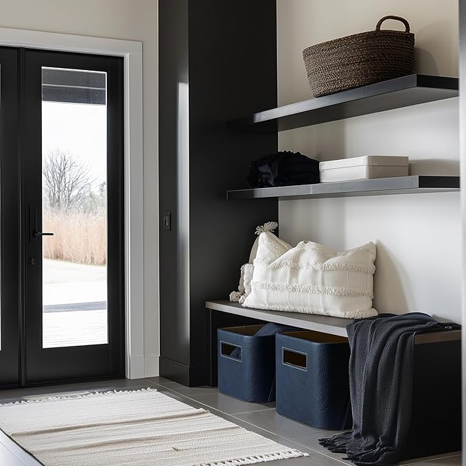 La Jolie Maison Storage Baskets for Organizing, 2 Pack, Luxury Vegan Leather Storage Cube Boxes for Closet Shelf Cabinet Bookcase, Navy Blue